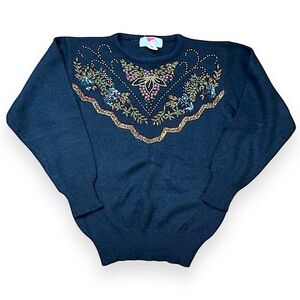 Vintage Festive Black Embellished Sweater and Beaded Floral 80s Design Sz M